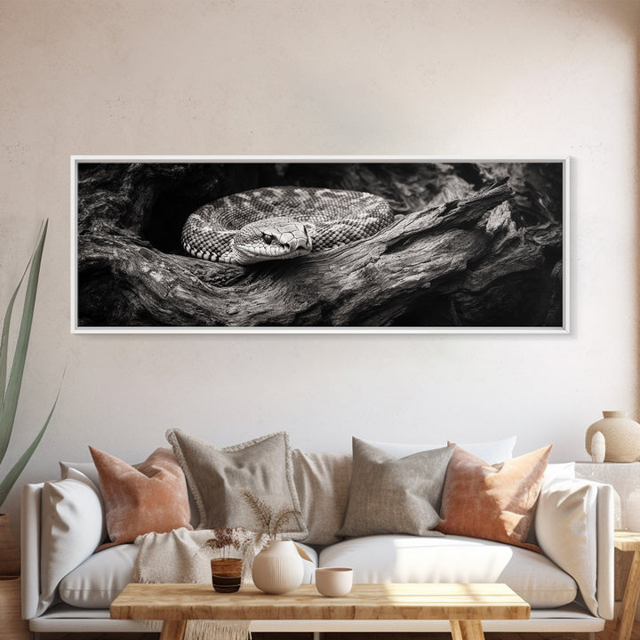 Coiled Rattlesnake, Wild Nature, Black and White, Canvas Print, Rustic Decor, Man Cave Wall Art, Cabin Style, Animal Photography, Moody Art
