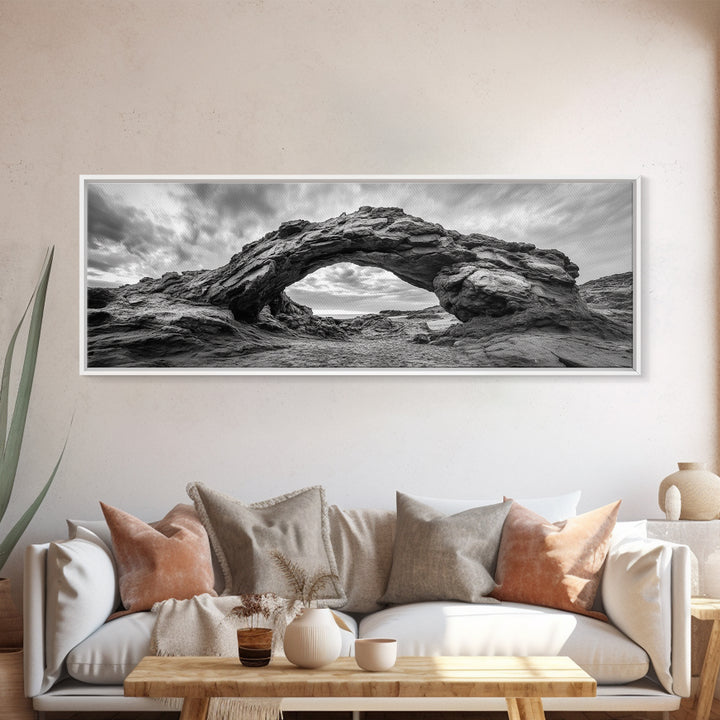 Rock Arch Landscape, Desert Formations, Dramatic Sky, Framed Canvas Print, Living Room Wall Art, Nature Inspired Decor, Monochrome Vibe