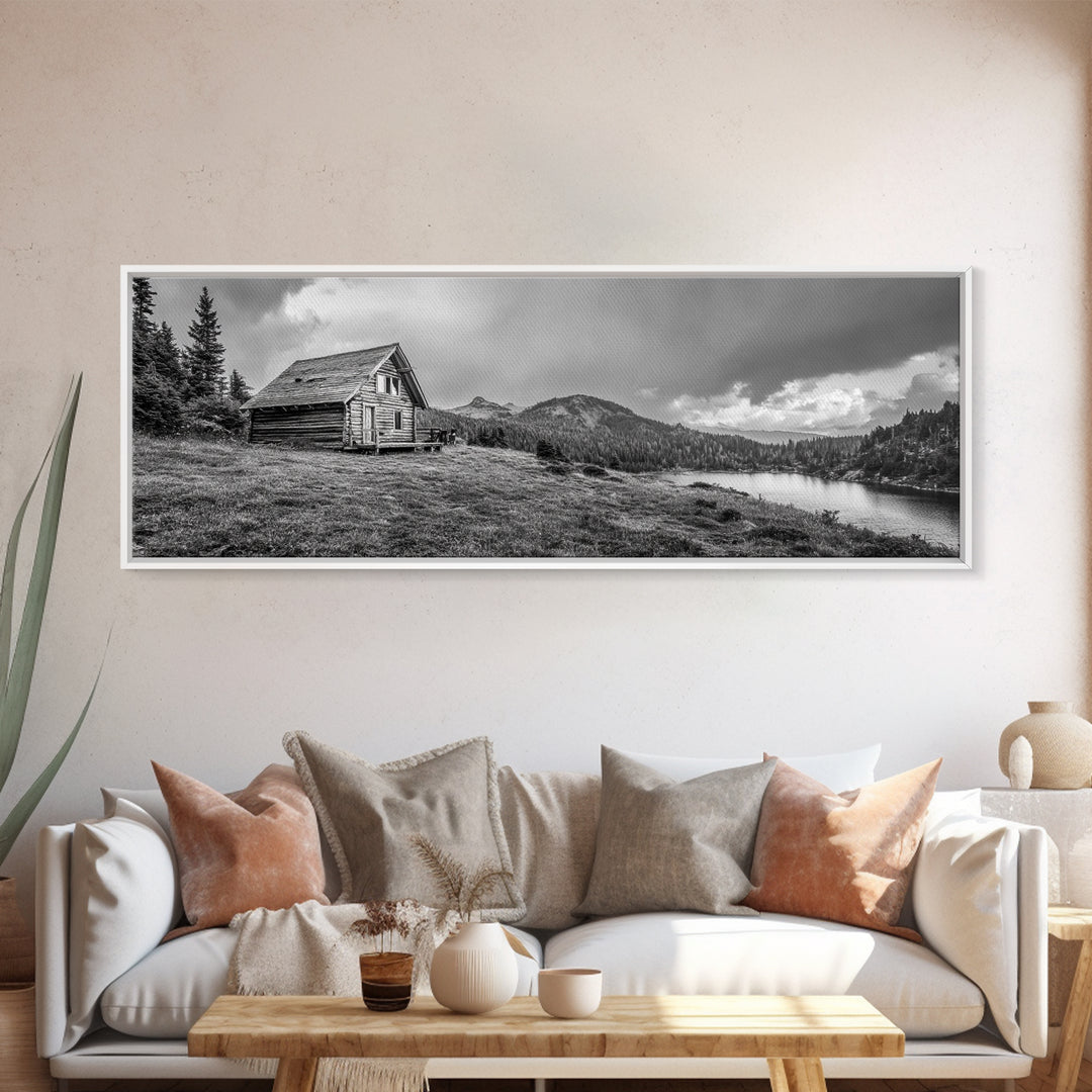 Cabin On Hill, Mountain Lake, Rustic Retreat, Canvas Print, Fall Wall Art, Cozy Home Decor, Adventure Landscape, Nature-Inspired Design