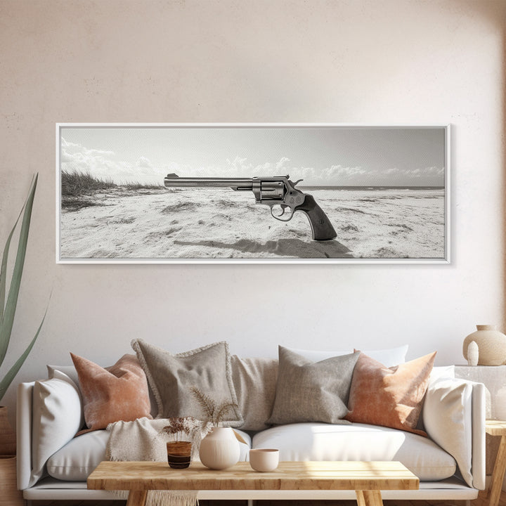 Revolver On Beach, Western Vibes, Americana Style, Framed Canvas Print, Man Cave Wall Art, Bold Statement Decor, Coastal Contrast