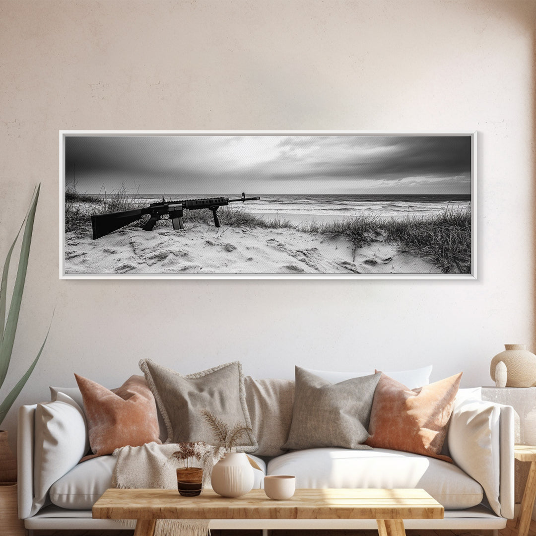 Rifle Seaside Scene, Tactical Still Life, Stormy Beach Mood, Canvas Print, Industrial Wall Art, Dramatic Photography, Masculine Decor