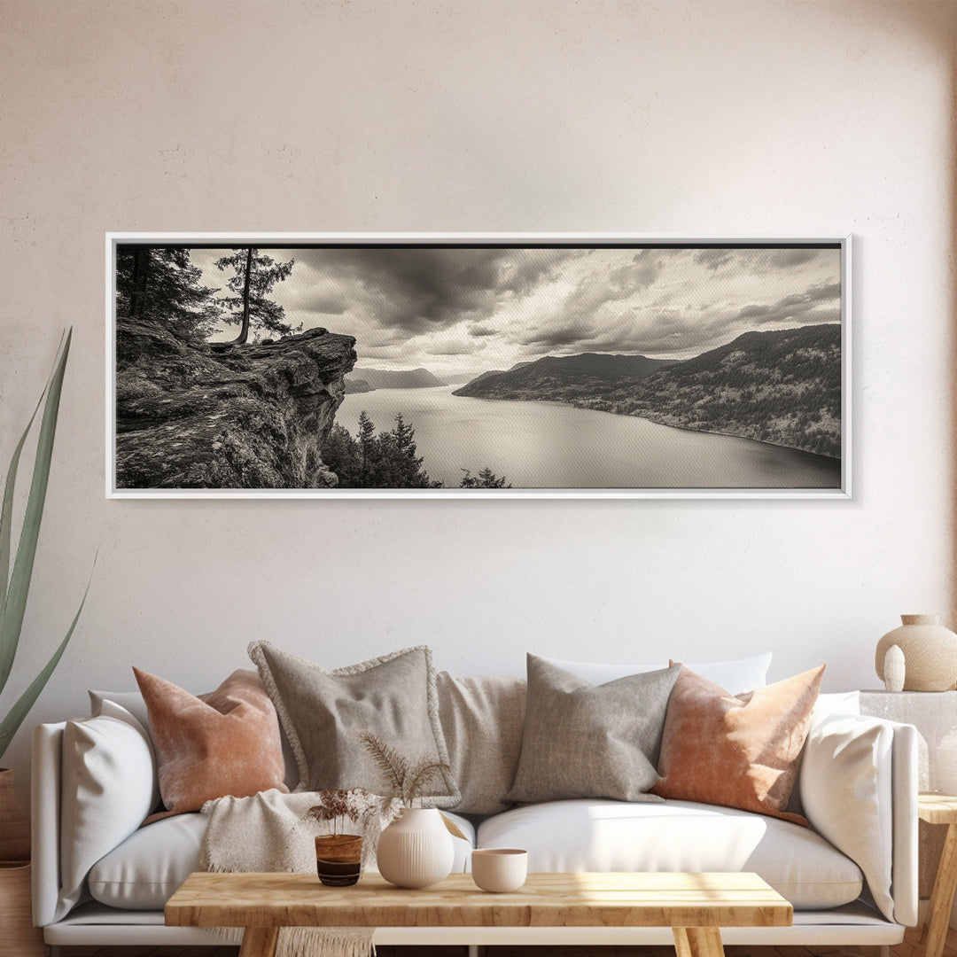 River Cliff View, Forested Mountains, Timeless Horizon, Framed Canvas Print, Living Room Wall Art, Cabin Rustic Decor, Moody Nature Art