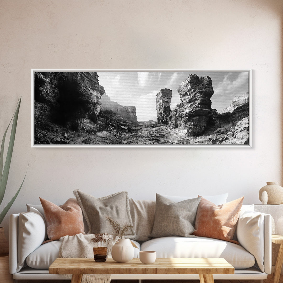 Coastal Rock Passage, Ocean Cliffside Art, Natural Texture Photography, Framed Canvas Print, Bathroom or Hallway Wall Art