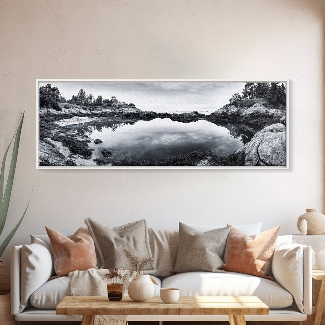 Coastal Reflections, Tide Pool, Rocky Shoreline, Framed Canvas Print, Seaside Nature Art, Minimalist Coastal Decor, Zen Bathroom Art