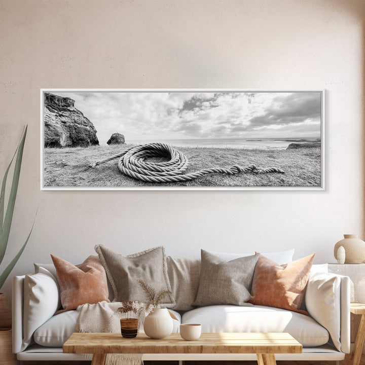 Coastal Rope, Windswept Bluff, Seaside Grass, Framed Canvas Print, Beach House Art, Nautical Decor, Neutral Living Room Style