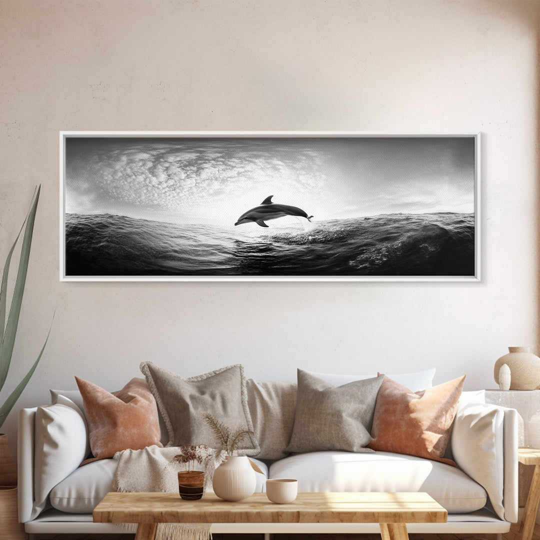 Ocean Dolphin Jump, Seascape Art, Black White Photography, Coastal Wall Decor, Canvas Print, Minimalist Bathroom Wall Art, Nautical Style