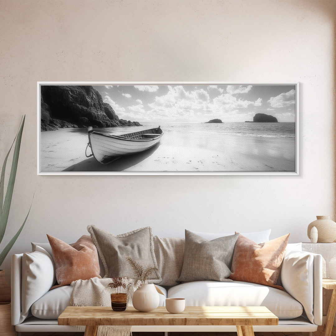 Rowboat, Sandy Cove, Island View, Canvas Print, Coastal Photography, Minimalist Beach Decor, Serene Bathroom or Bedroom Wall Art