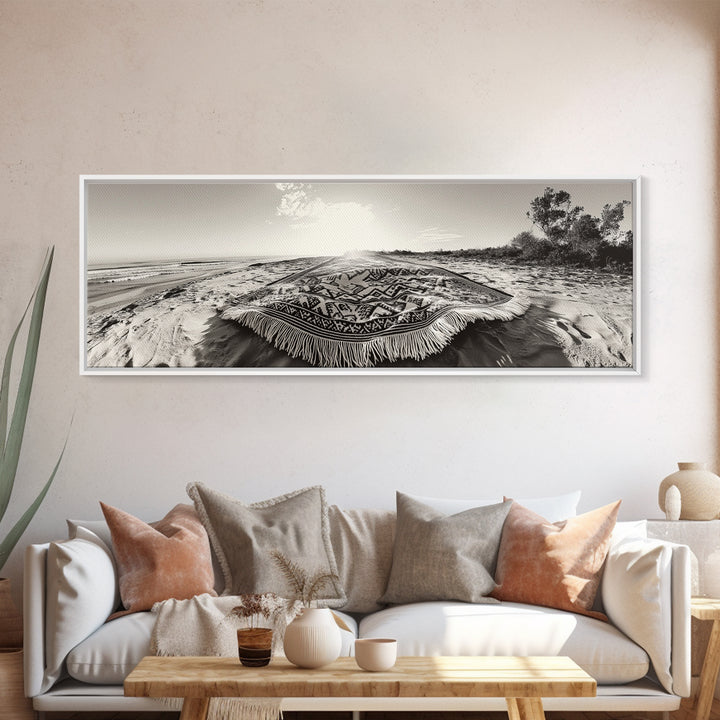Boho Blanket, Sunrise Beach, Woven Textile, Framed Canvas Print, Bohemian Wall Art, Minimalist Bedroom Decor, Coastal Living Style