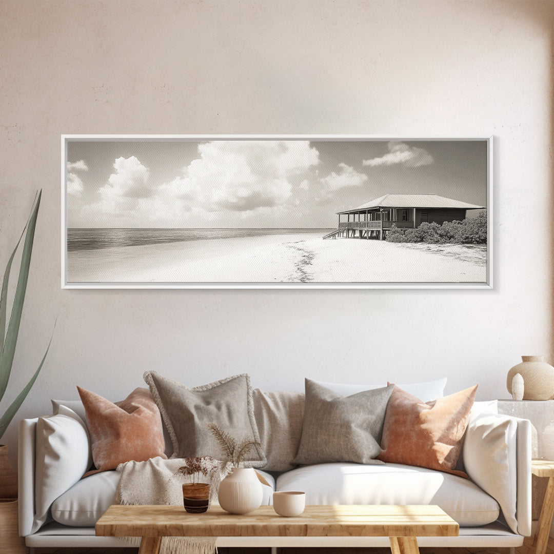 Beach House, Secluded Shore, Calm Waters, Framed Canvas Print, Coastal Wall Art, Minimalist Living Room Decor, Vacation Vibes