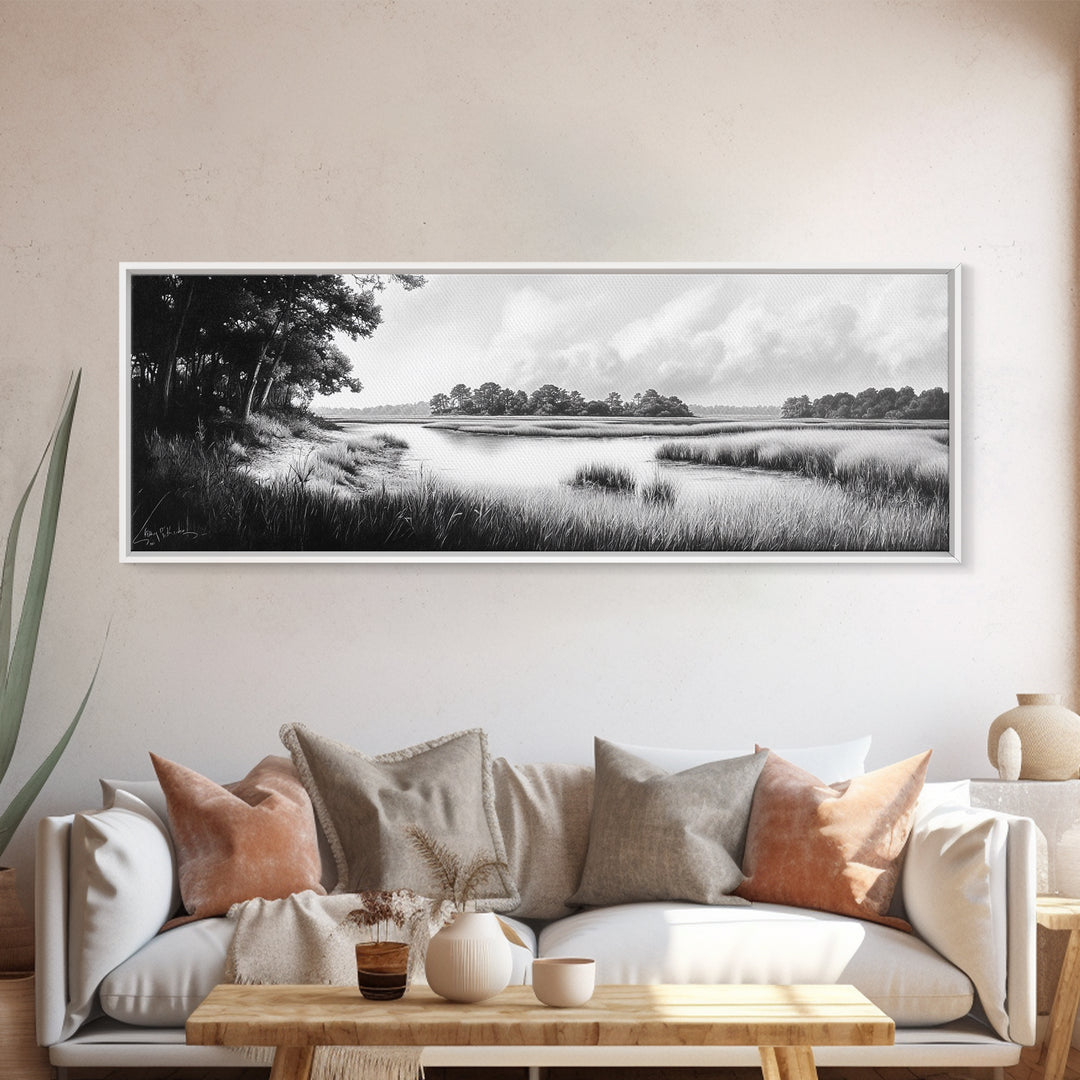 Marsh Scene, Grassy Shore, Tree Lined Path, Canvas Print, Nature Landscape Art, Rustic Cabin Decor, Peaceful Living Room Style