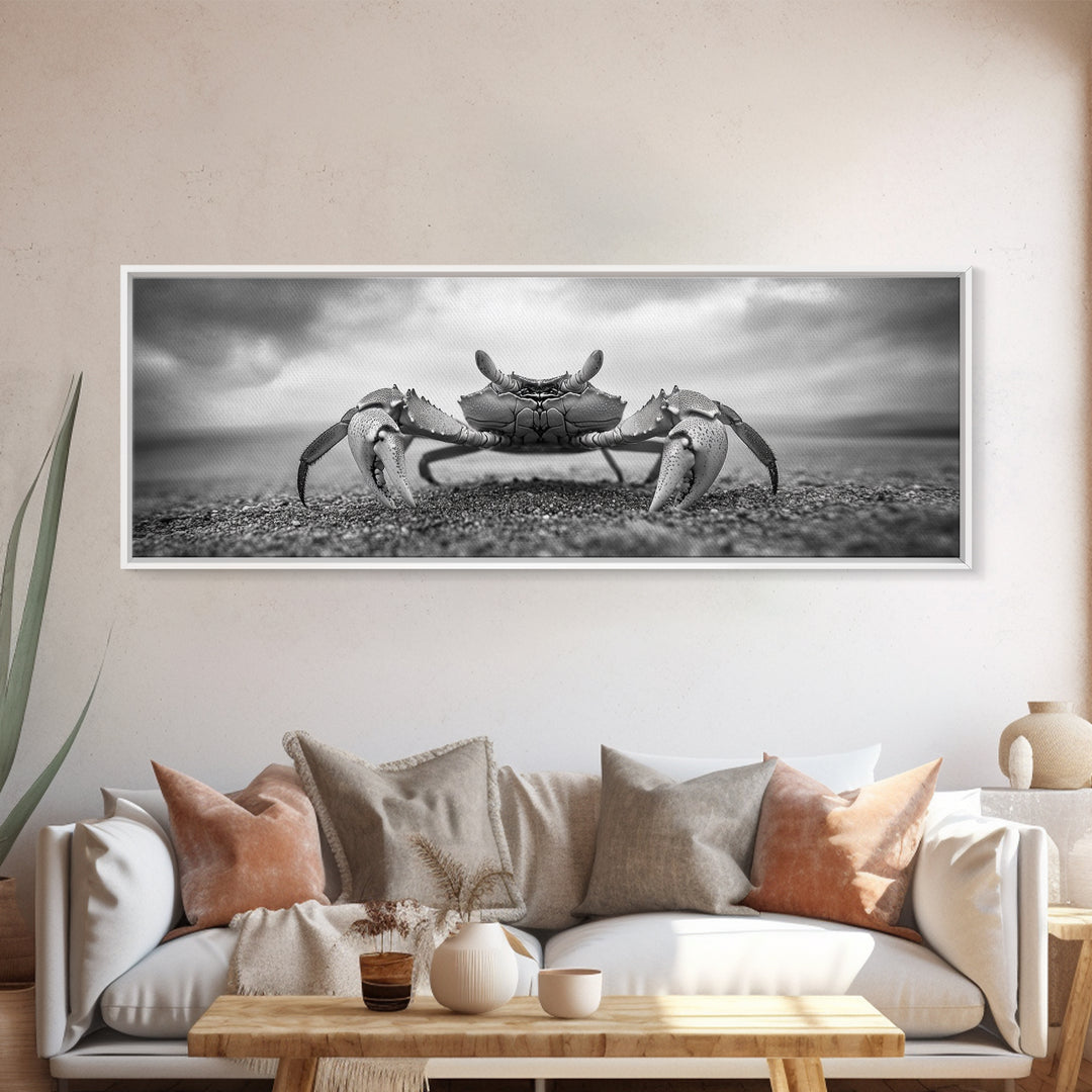Closeup Crab, Coastal Creature, Dramatic Sand, Framed Canvas Print, Beach Wall Art, Nautical Bathroom Decor, Ocean Nature Photo