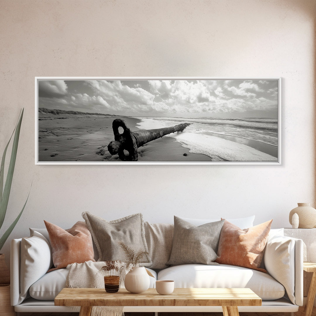 Rusted Anchor Pipe, Coastal Beach Art, Ocean Photography, Framed Canvas Print, Nautical Wall Art, Bedroom or Bathroom Decor