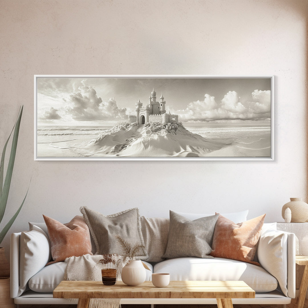 Fantasy Sand Castle, Seaside Kingdom, Dreamy Beach Scene, Magical Vibes, Framed Canvas Print, Kids Room Art, Whimsical Decor, Coastal Theme