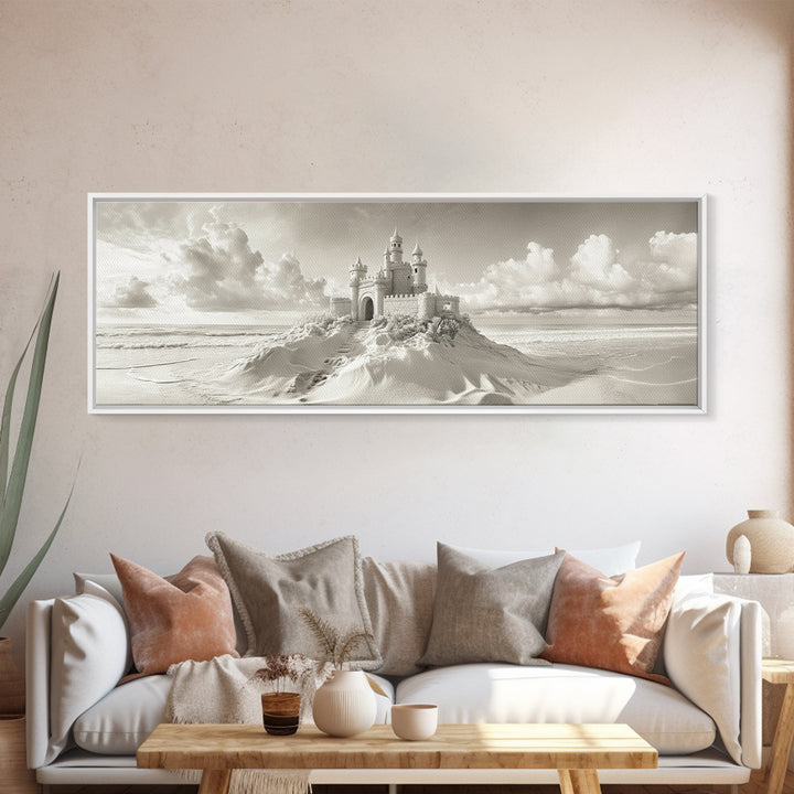 Fantasy Sand Castle, Seaside Kingdom, Dreamy Beach Scene, Magical Vibes, Framed Canvas Print, Kids Room Art, Whimsical Decor, Coastal Theme