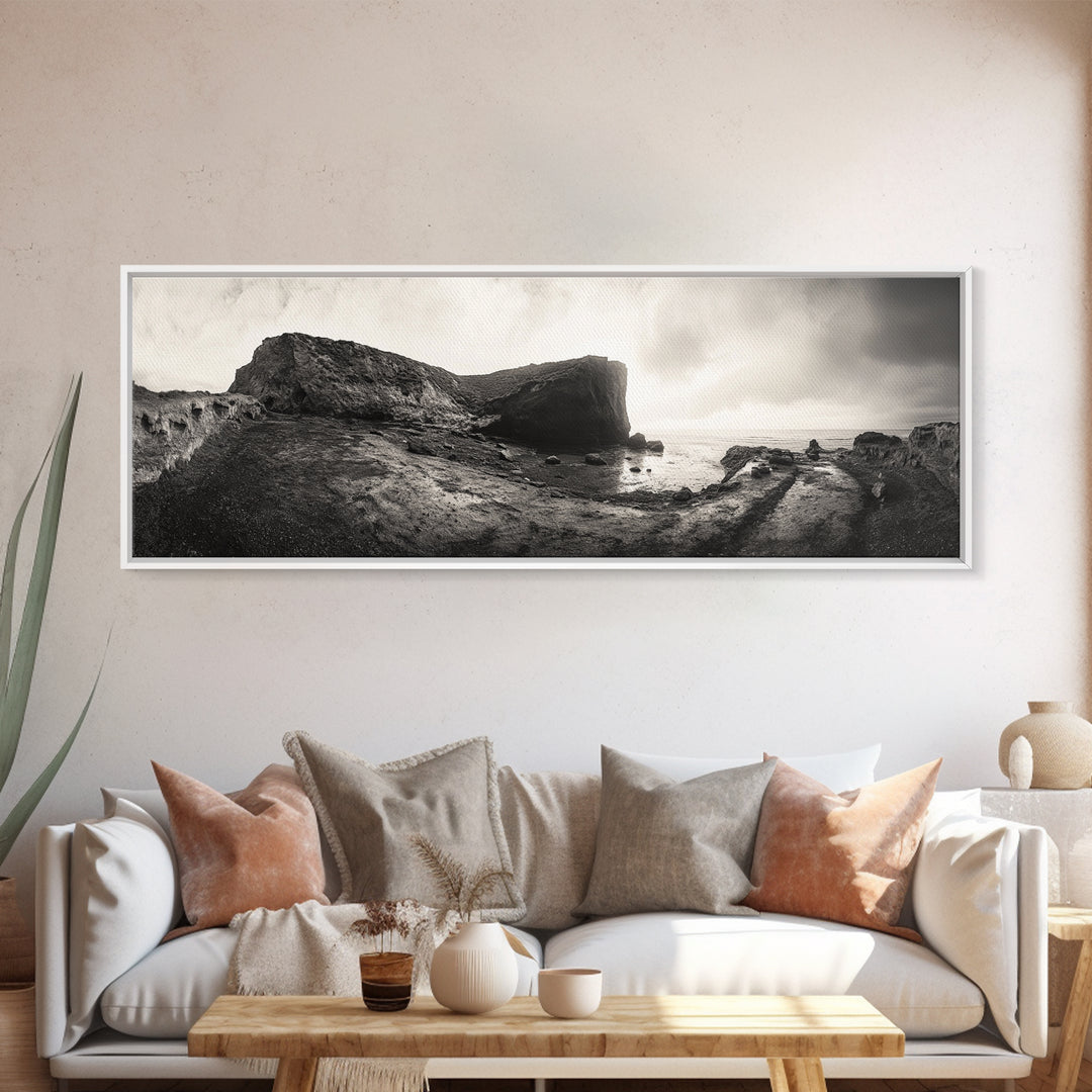 Rocky Coastal Path, Ocean Horizon View, Canvas Print, Neutral Earth Tones, Rustic Wall Art, Beach Landscape Photography, Grunge Nautical Art