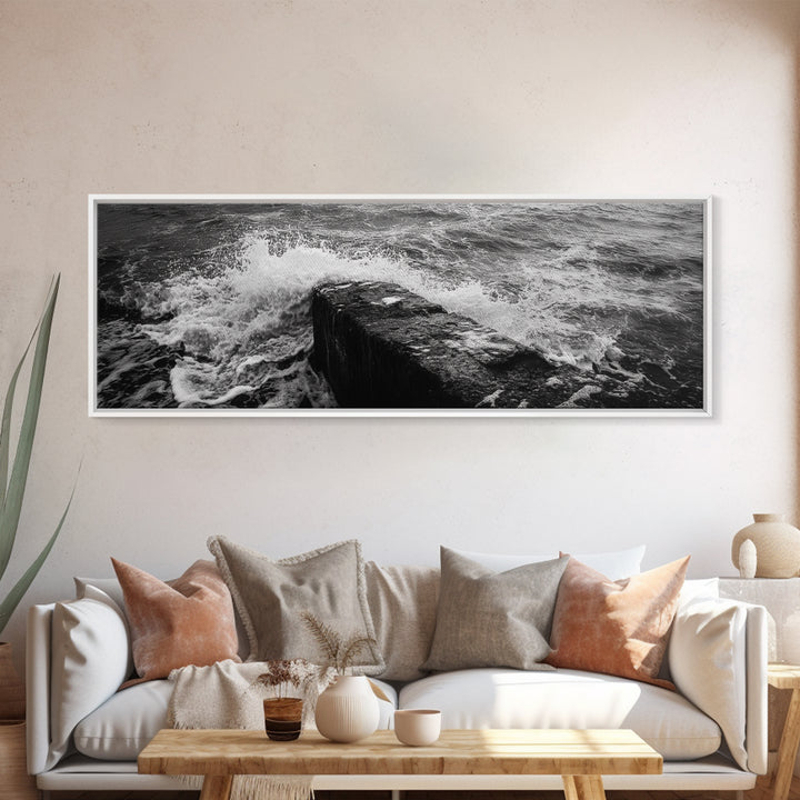 Crashing Waves Rock, Coastal Seascape, Ocean Photography, Black White Art, Framed Canvas Print, Nautical Bathroom Wall Decor