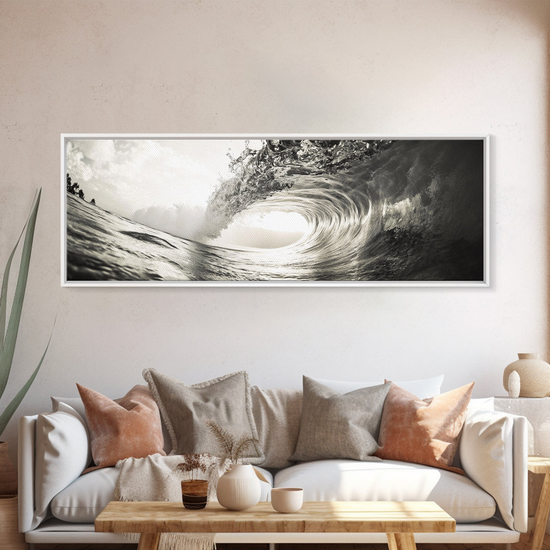Ocean Barrel Wave, Surf Photography, Coastal Decor, Sepia Framed Canvas Print, Modern Beach House Bathroom or Living Room Wall Art