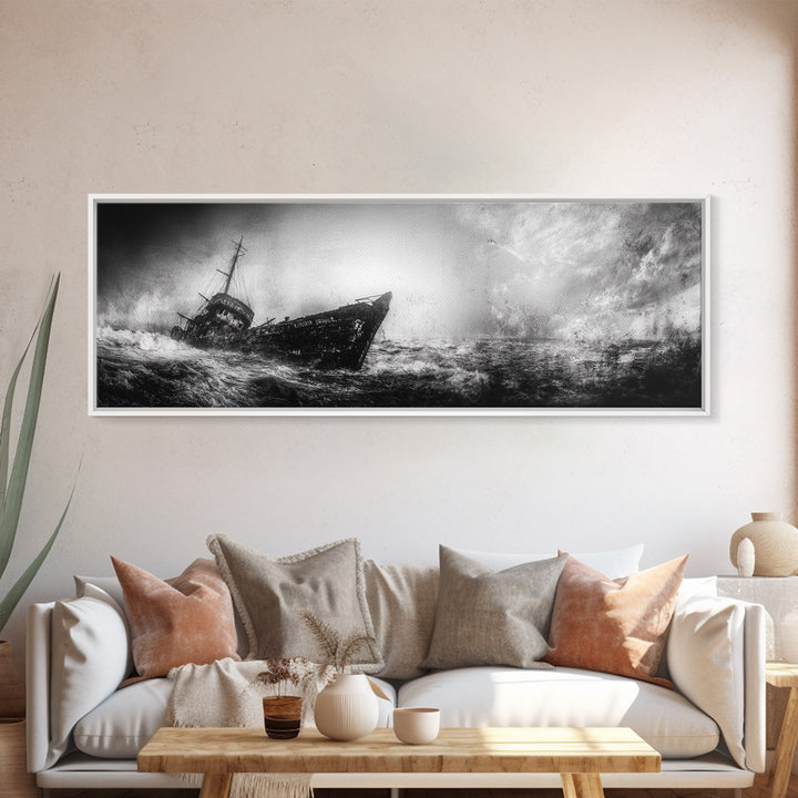 Abandoned Shipwreck Storm, Dark Sea Drama, Grunge Nautical Art, Framed Canvas Print, Industrial Office or Man Cave Wall Decor