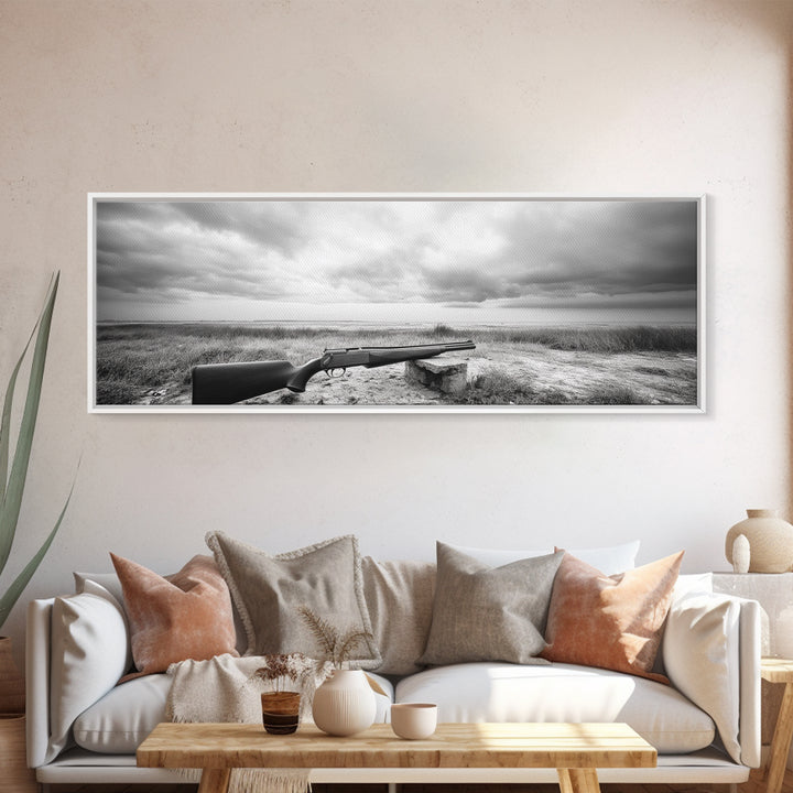 Coastal Rifle Scene, Outdoorsman Decor, Field and Sky Black and White Framed Canvas Print, Autumn Cabin or Lodge Wall Art