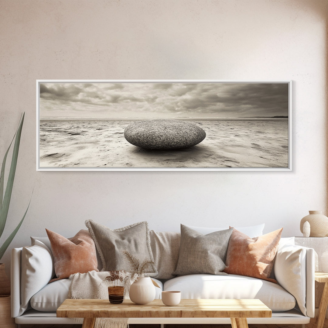 Round Beach Boulder, Serene Shore, Natural Simplicity, Neutral Toned Framed Canvas Print, Minimalist Living Room or Yoga Wall Art