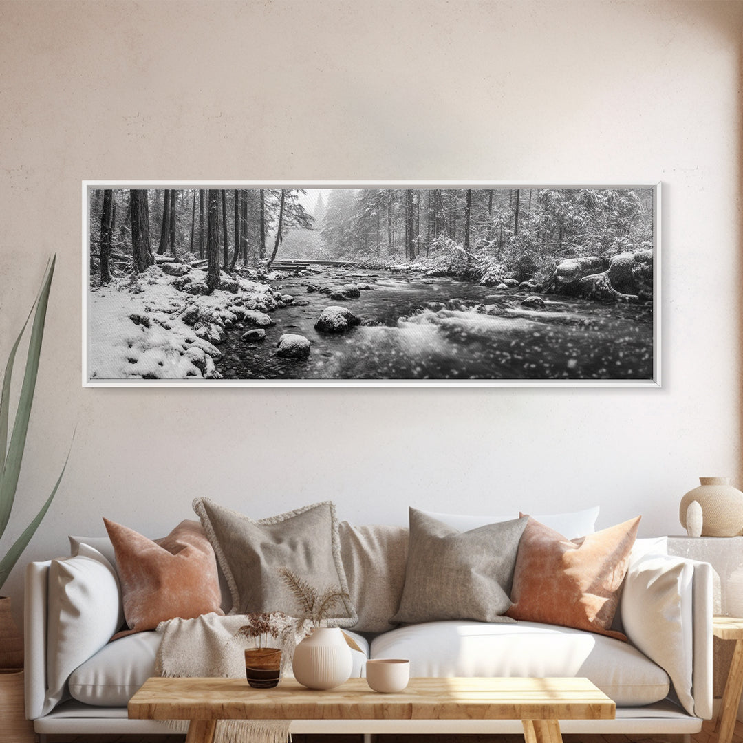 River Stream, Snow Forest, Winter Tranquility, Canvas Print, cozy cabin art, hygge home decor, Christmas wall art, woodland minimalist art
