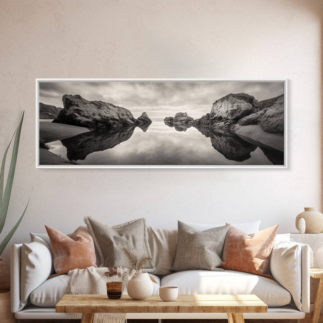 Rock Reflection, Coastal Tranquility, Nature Mirror, Framed Canvas Print, black and white coastal art, zen bathroom decor, moody ocean wall art