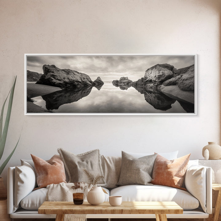 Rock Reflection, Coastal Tranquility, Nature Mirror, Framed Canvas Print, black and white coastal art, zen bathroom decor, moody ocean wall art