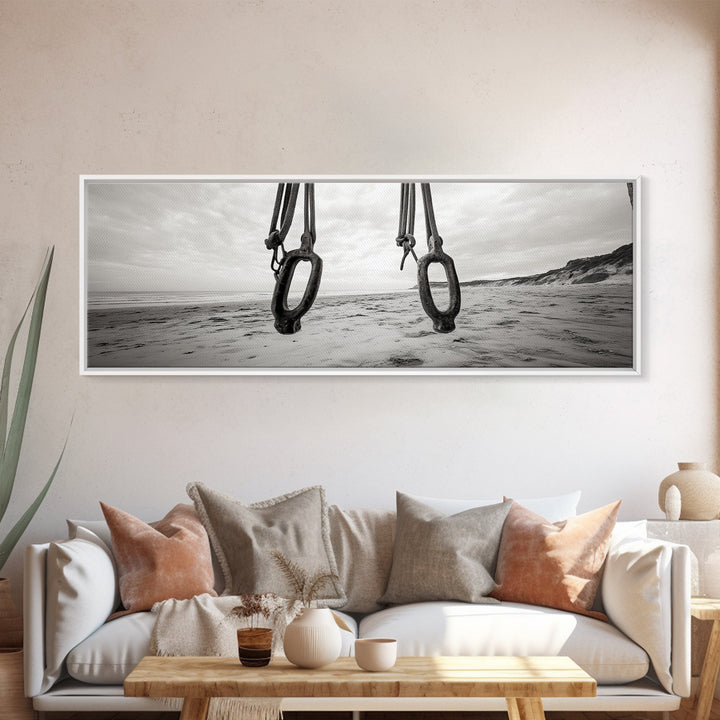 Nautical Swing, Beach Ropes, Seaside Minimalism, Canvas Print, black and white beach decor, coastal hallway wall art, maritime rustic style
