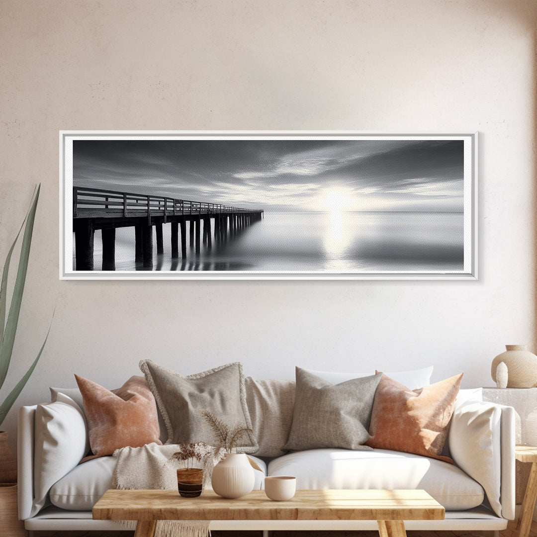 Ocean Pier, Tranquil Horizon, Serene Seascape, Framed Canvas Print, black and white beach wall art, bedroom coastal minimalism