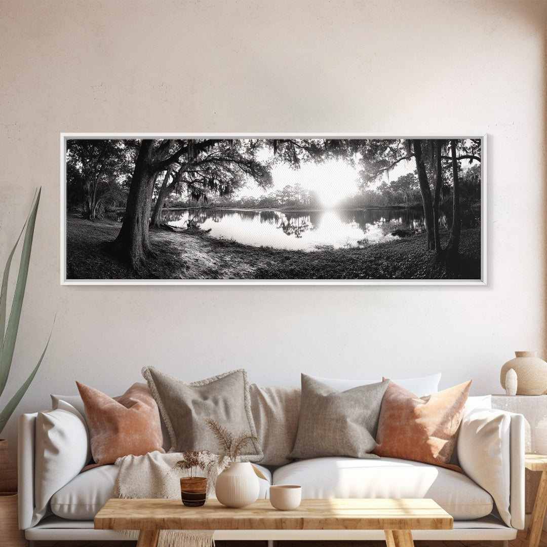 River Sunset, Mossy Trees, Tranquil Reflection, Framed Canvas Print, southern forest wall art, peaceful living room decor, rustic boho vibe