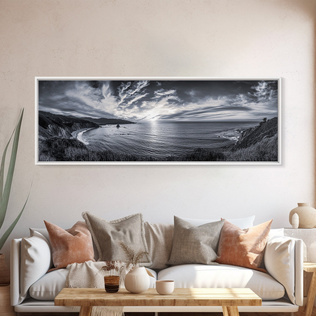 Cloudy Horizon, Wide Ocean View, Coastal Cliffs, Framed Canvas Print, dramatic seascape wall art, coastal kitchen decor, black and white
