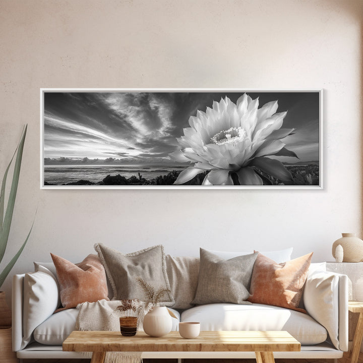 Desert Bloom Flower, Coastal Cactus Sunrise, Nature Canvas Print, Southwestern Wall Art, Boho Bathroom or Bedroom Decor