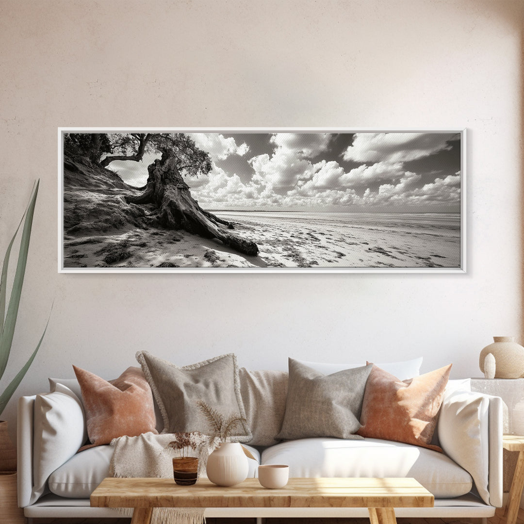 Coastal Tree Roots, Windswept Beach, Natural Form, Framed Canvas Print, Boho Wall Art, Entryway Decor, Beach House Aesthetic