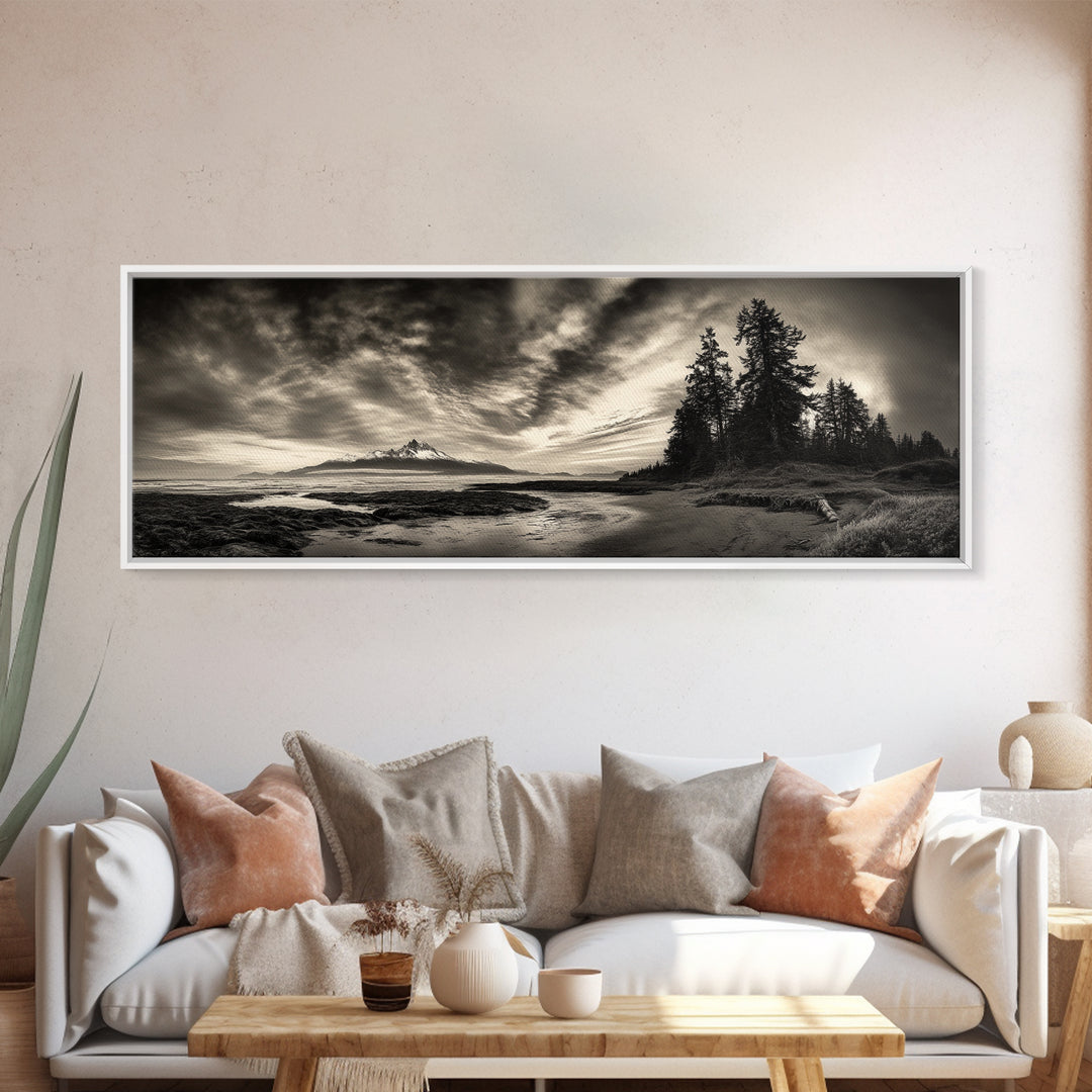 Mountain Shoreline, Stormy Sky, Forest Edge, Canvas Print, Wilderness Landscape Art, Cabin Decor, Moody Nature Photography
