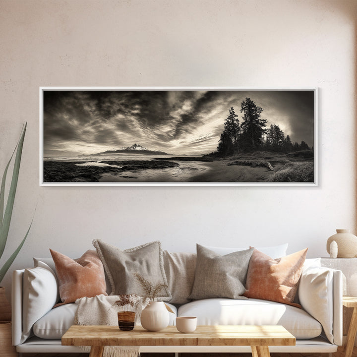 Mountain Shoreline, Stormy Sky, Forest Edge, Canvas Print, Wilderness Landscape Art, Cabin Decor, Moody Nature Photography