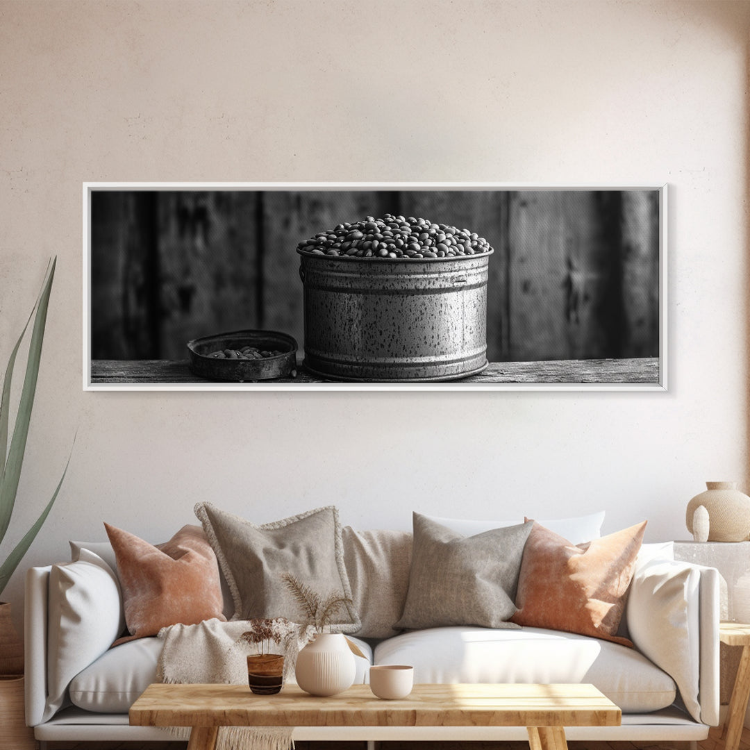 Rustic Bean Bucket, Farmhouse Kitchen, Country Decor, Autumn Wall Art, Framed Canvas Print, Rustic Style, Cozy Kitchen Wall Art