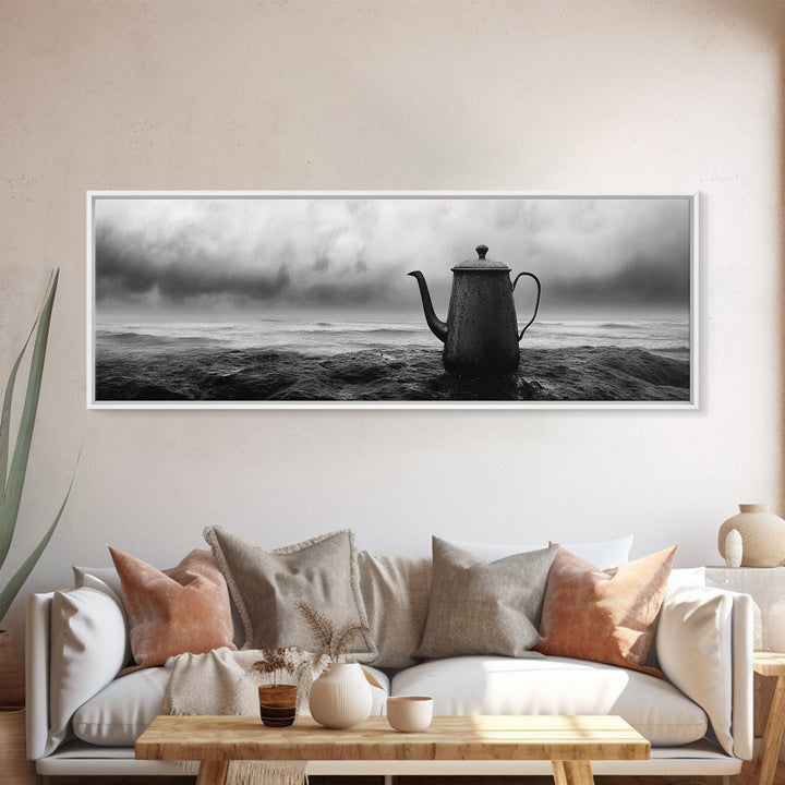 Coastal Teapot Still, Nautical Decor, Ocean Photography, Minimalist Kitchen Art, Canvas Print, Monochrome Style, Beach House Art