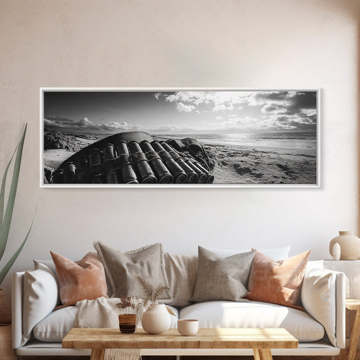 Beach Ammo, War Relic, Ocean Shoreline, WWII Remnants, Framed Canvas Print, Industrial Wall Art, Man Cave Decor, Coastal Photography