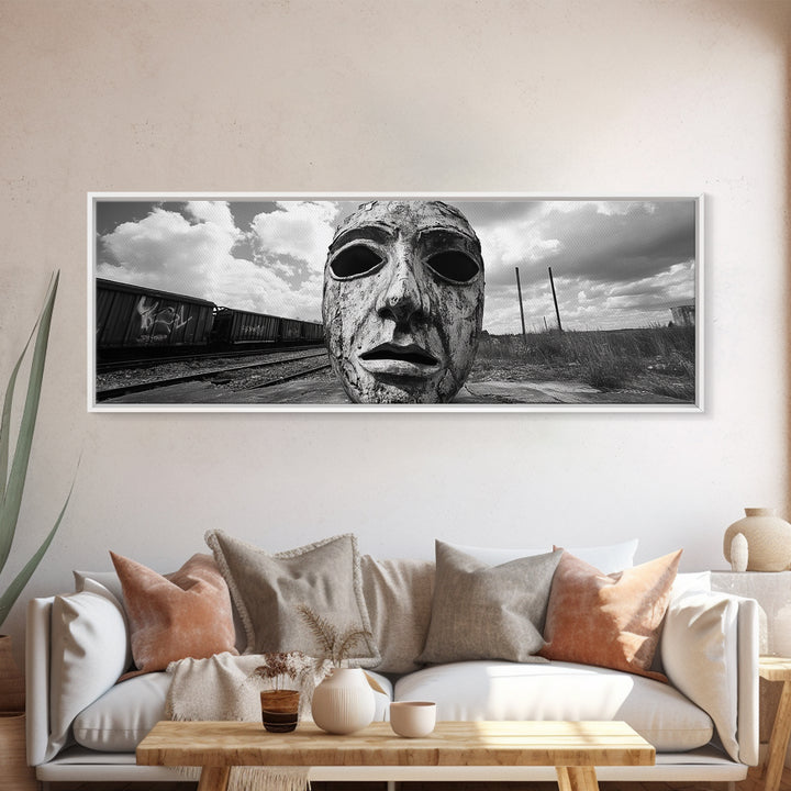 Abandoned Train Mask, Urban Surrealism, Monochrome Street Art, Modern Edgy Decor, Framed Canvas Print, Industrial Room Style