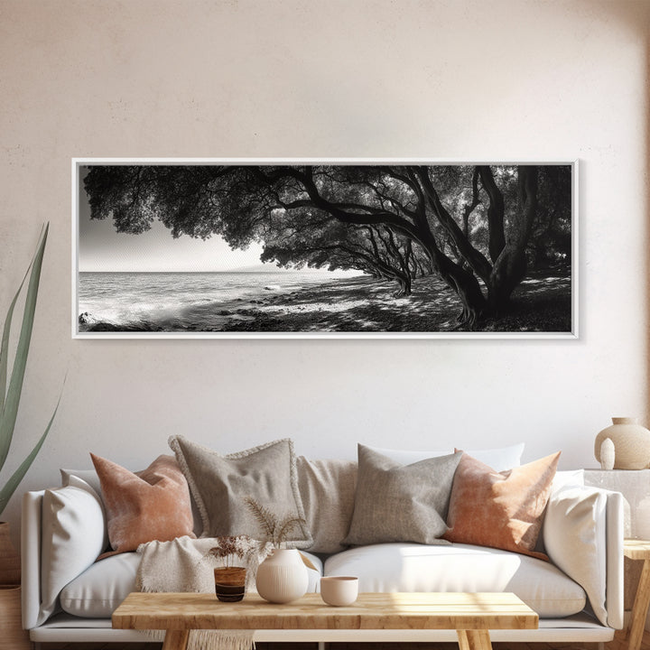 Ocean Trees, Shoreline Light, Majestic Forest, Beach Scene, Framed Canvas Print, Boho Wall Decor, Bedroom Art, Zen Coastal Artwork