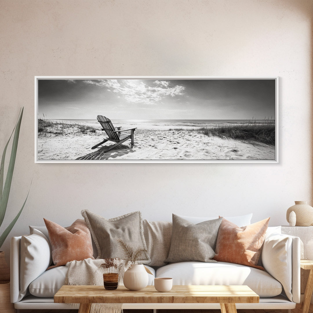 Coastal Chair, Black White, Seaside Decor, Beach Life, Framed Canvas Print, Coastal wall art, minimalist art, neutral tones, coastal room