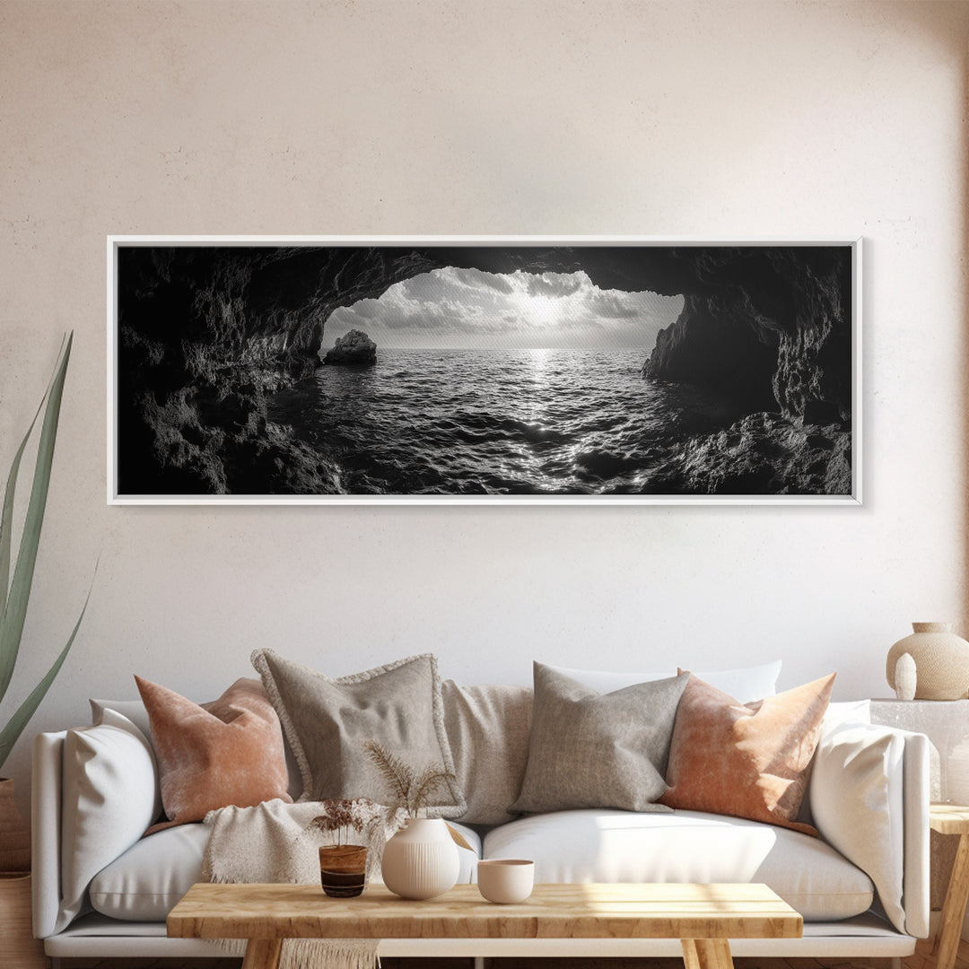 Ocean Cave, Horizon View, Seascape Tunnel, Sunset Waters, Framed Canvas Print, Coastal Bathroom Art, Nature Lover Gift, Minimal Decor