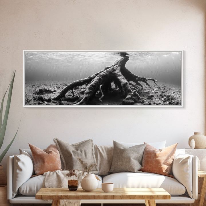 Ancient Roots, Submerged Tree, Nature Photography, Black and White, Canvas Print, Minimalist Underwater Art, Office Wall Art, Moody Decor