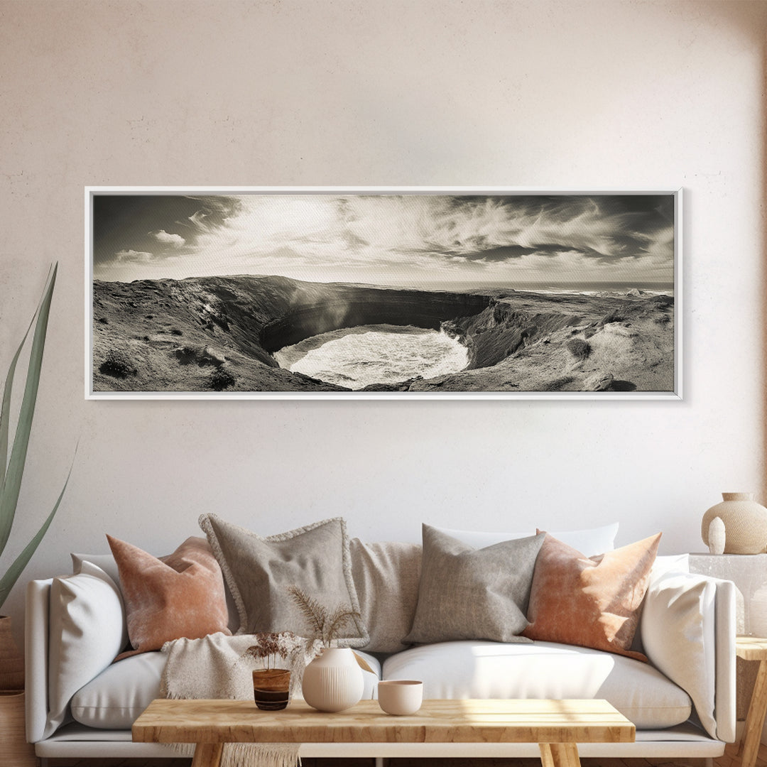 Ocean Crater, Coastal Cliff, Surreal Nature Art, Black and White Canvas Print, Gallery Wall Art, Earthy Decor, Adventure Inspired