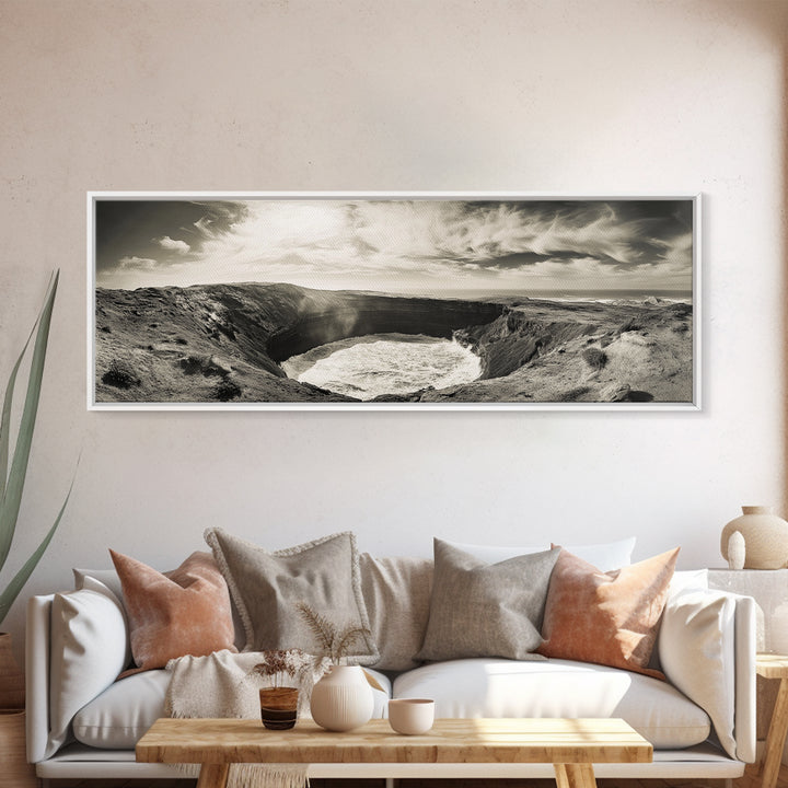 Ocean Crater, Coastal Cliff, Surreal Nature Art, Black and White Canvas Print, Gallery Wall Art, Earthy Decor, Adventure Inspired