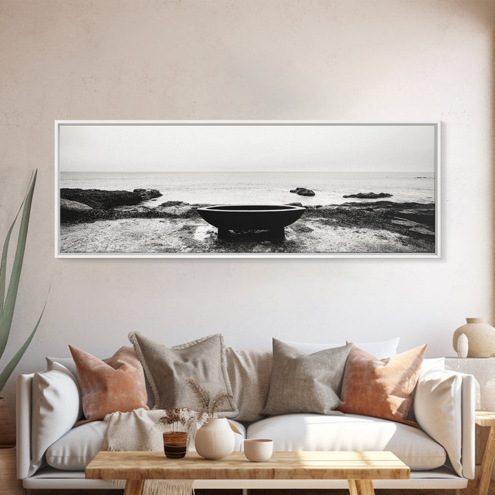Coastal Boat, Ocean Horizon, Solitude Scene, Black and White Seascape, Canvas Print, Modern Bathroom Wall Art, Minimalist Decor