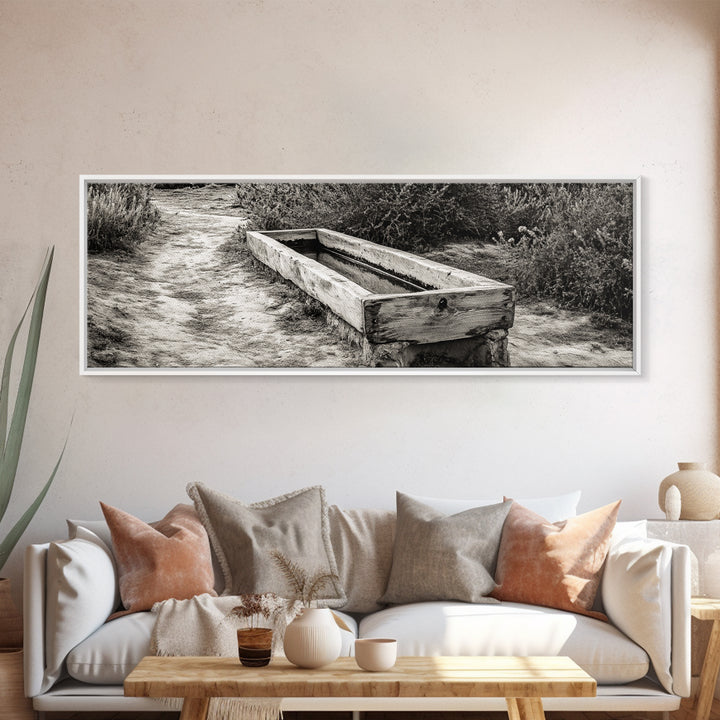 Rustic Water Trough, Nature Trail, Western Desert Scene, Framed Canvas Print, Country Farmhouse Decor, Minimalist Entryway Wall Art