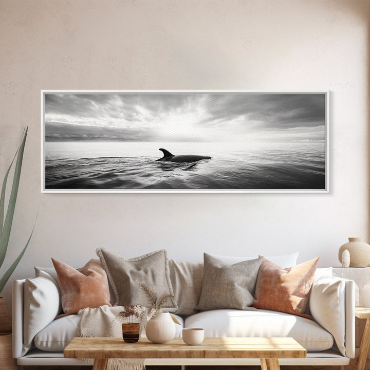 Ocean Sunset Orca, Tranquil Whale Scene, Marine Wildlife, Canvas Print, Minimalist Bathroom Decor, Coastal Bedroom Wall Art