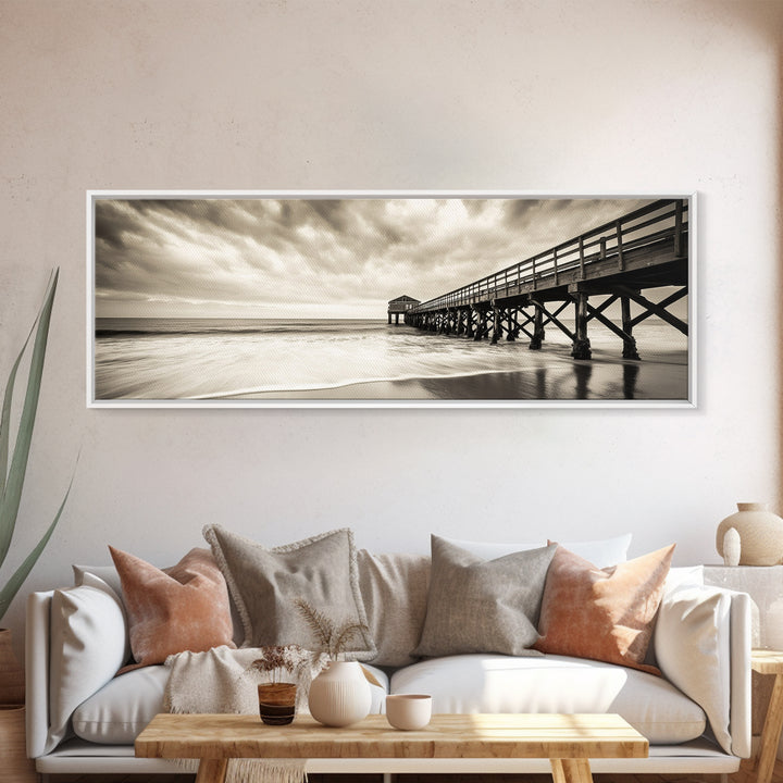 Pier at Dusk, Ocean Boardwalk, Stormy Beach Horizon, Framed Canvas Print, Moody Coastal Wall Art, Nautical Living Room Decor