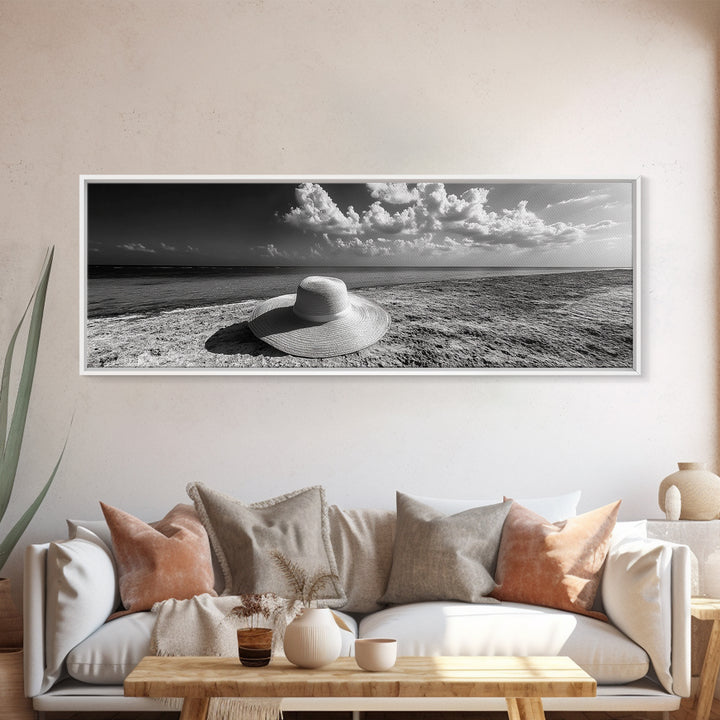 Beach Hat Scene, Coastal Escape, Sunny Seaside Moment, Framed Canvas Print, Modern Boho Bedroom Art, Summer Inspired Wall Decor